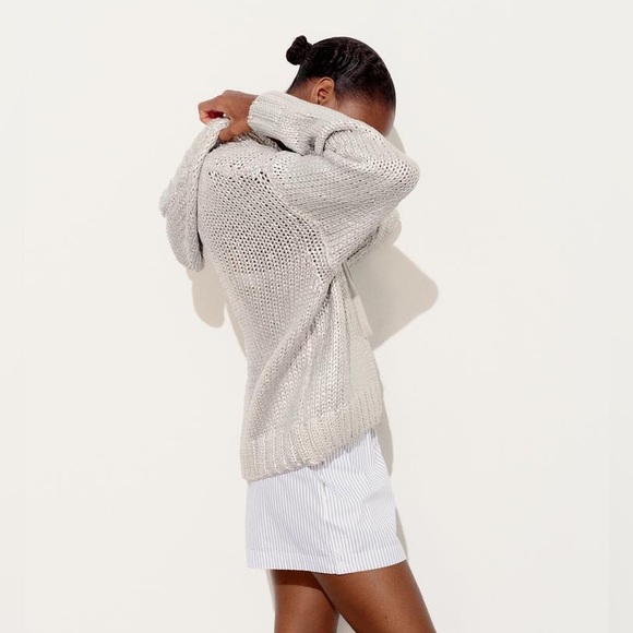 ZARA COTTON ZIP UP CARDIGAN SWEATER with HOOD RETRO MODERN CHIC Beige Silver L - Picture 3 of 11